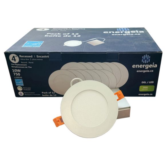 Picture of Box of 12 Slim Round LED Recessed Lights 4" 10W 750 Lumens 3000K Dimmable White Finish 120V
